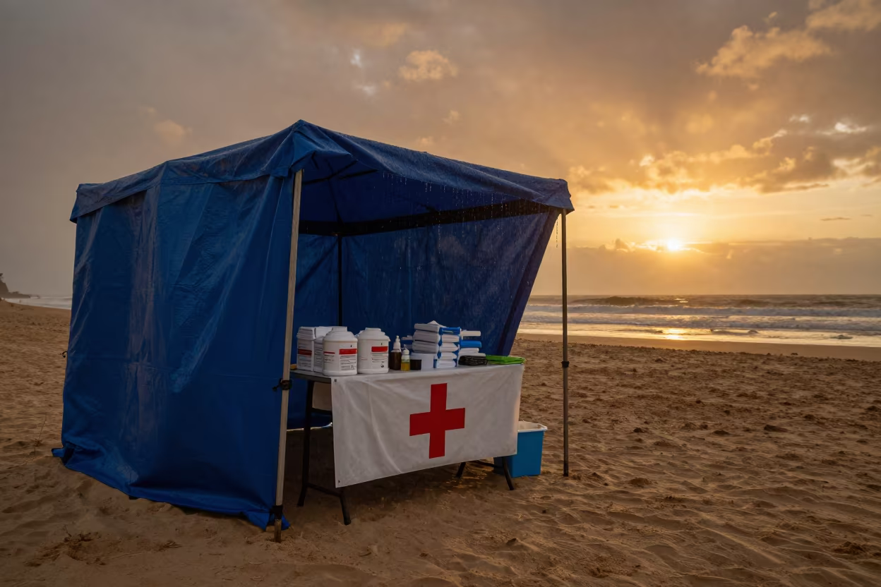 Protest Medic Station Under Tarp in Amber Light in along barricaded protest routes in Diani Beach