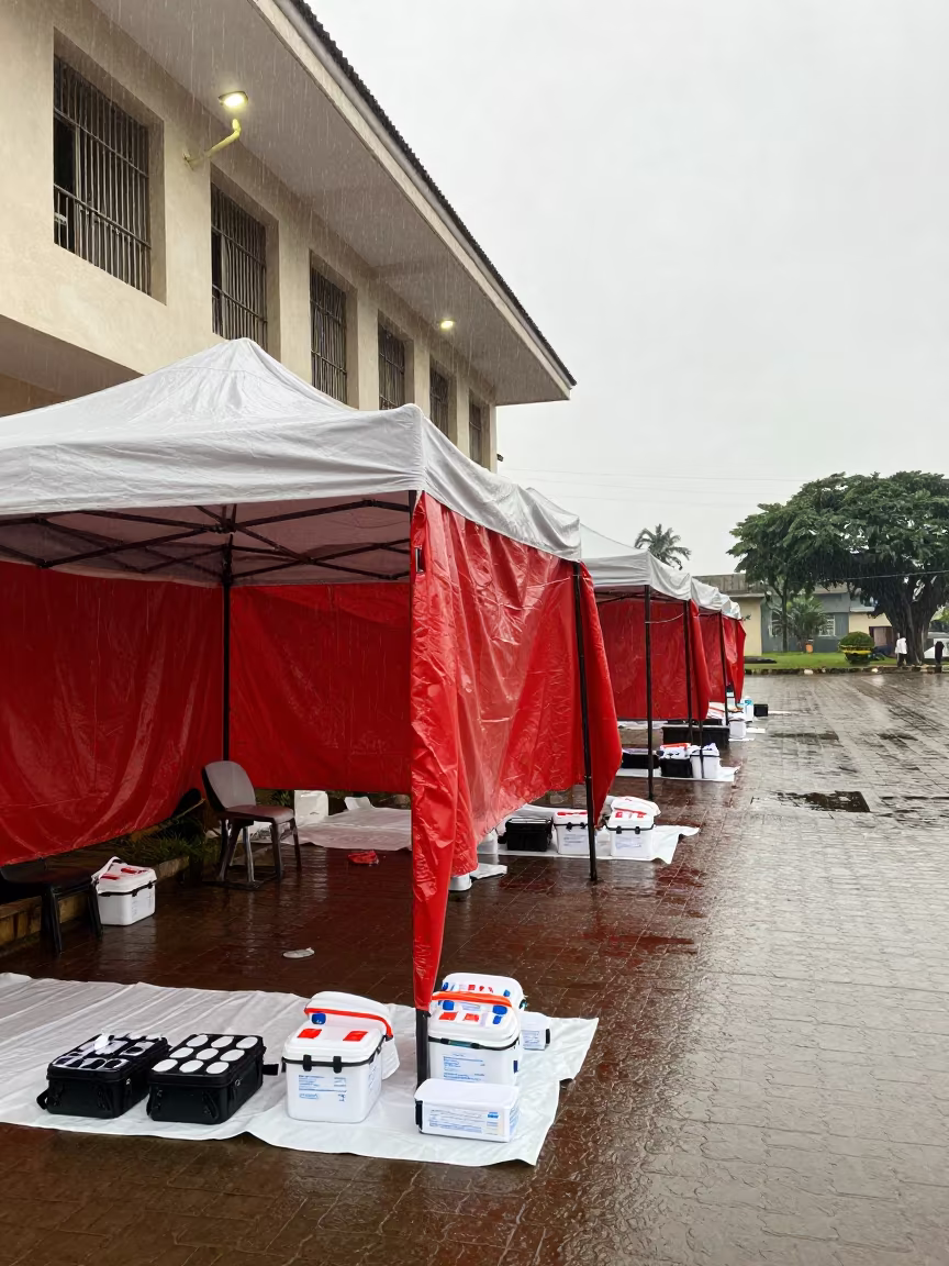 Protest Medic Station Under Tarp in Owo in beneath government building floodlights in Owo