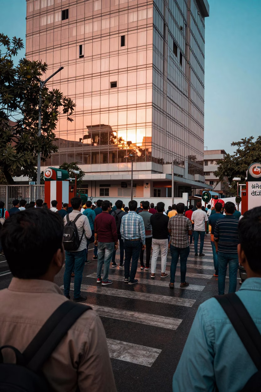 Protest Reflection in Jabalpur Office Towers After Rain in at a crosswalk by a school gate in Jabalpur