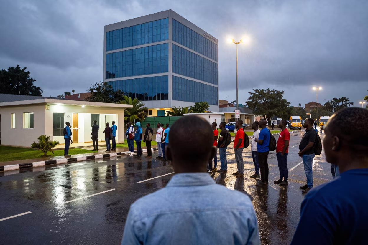 Protest Reflections in Porto-Novo Office Towers in outside a polling station entrance in Porto-Novo