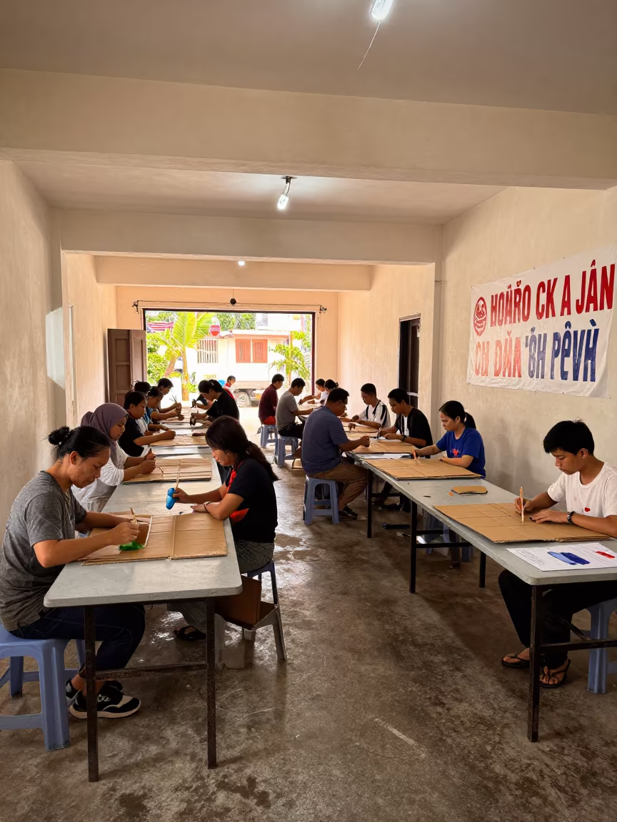 Protest Sign Workshop in Haiphong Community Basement in inside a campaign office in Haiphong