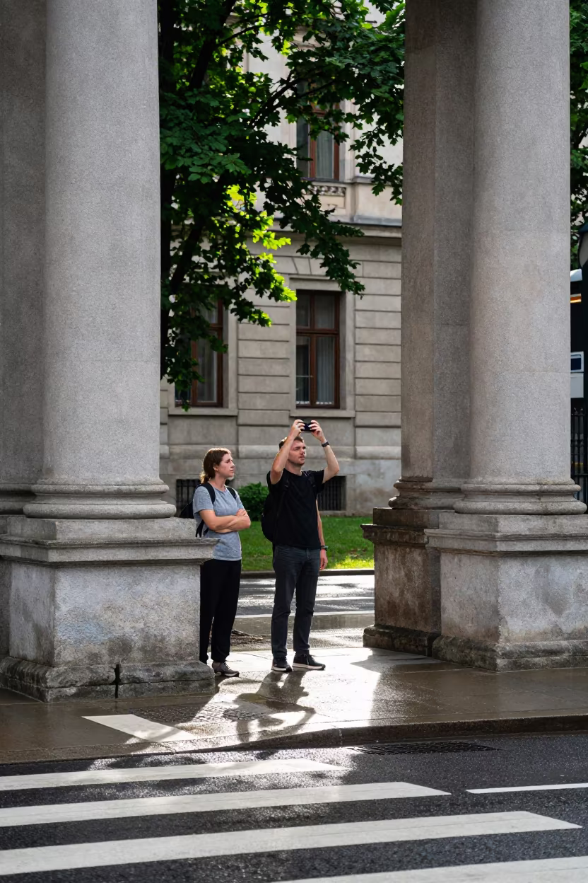 Protest Speaker Framed by Columns at Zagreb School in at a crosswalk by a school gate in Zagreb
