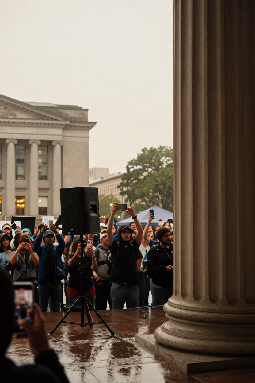 Protest Speaker Framed by Courthouse Columns in along barricaded protest routes in Araure