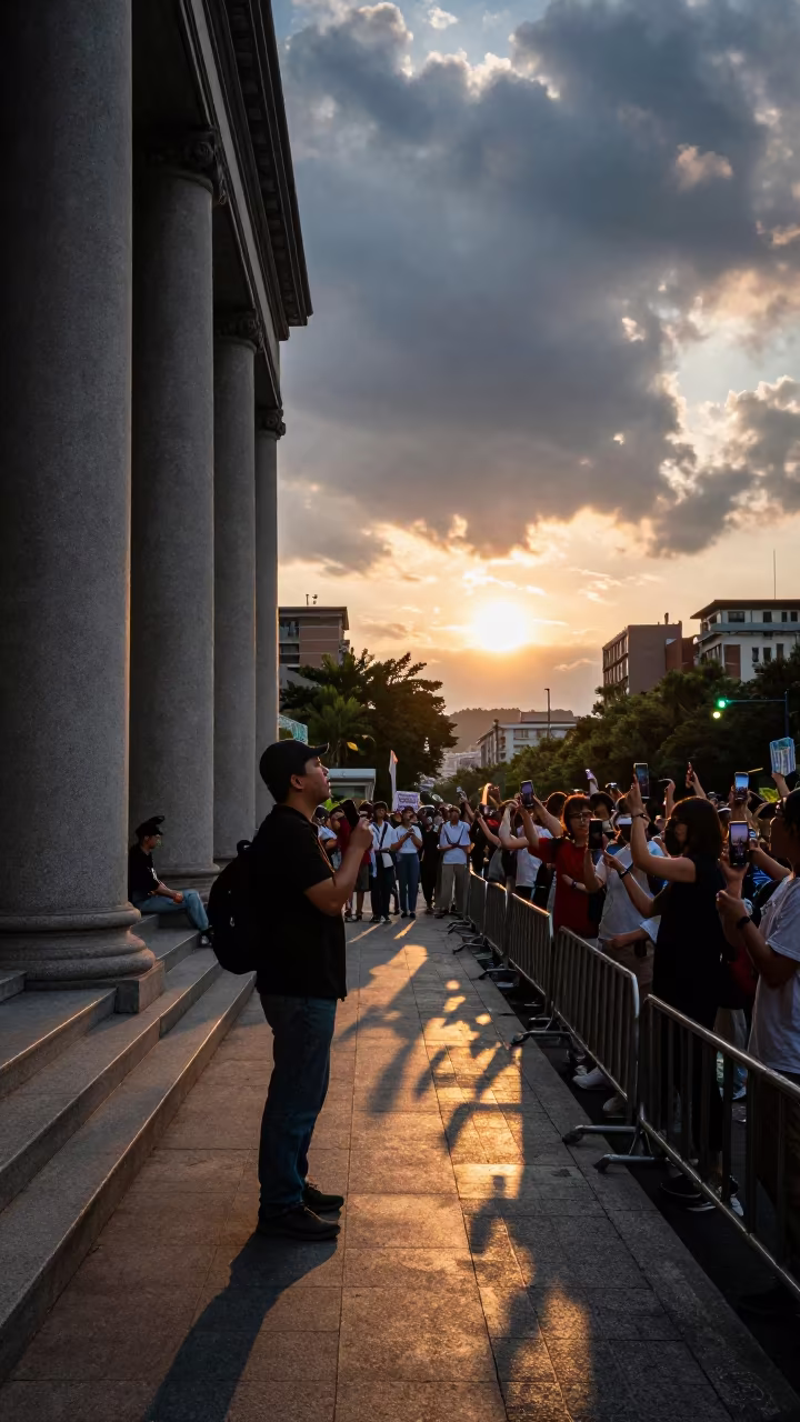 Protest Speaker Framed by Courthouse Columns at Sunset in along barricaded protest routes near Songshan, Taipei