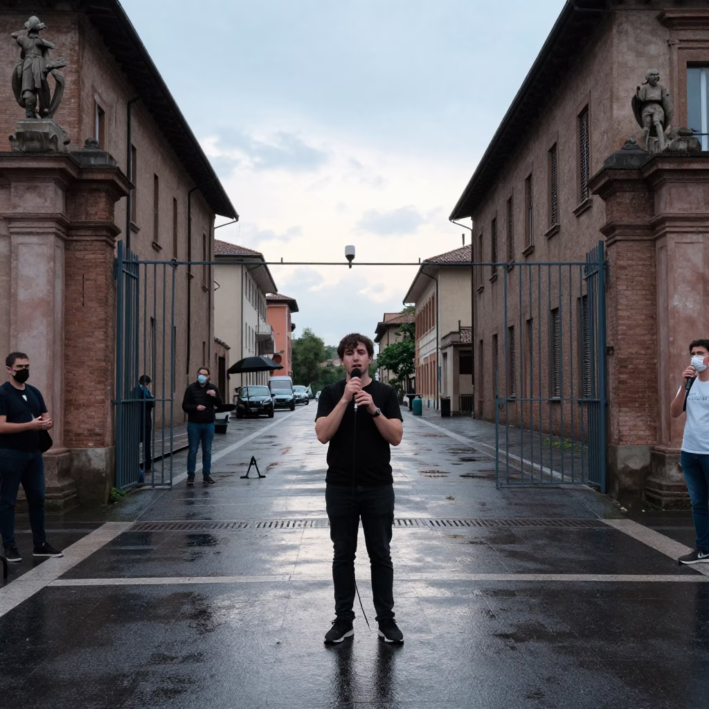 Protest Speaker Courthouse Steps Microphones in at a crosswalk by a school gate in Piacenza