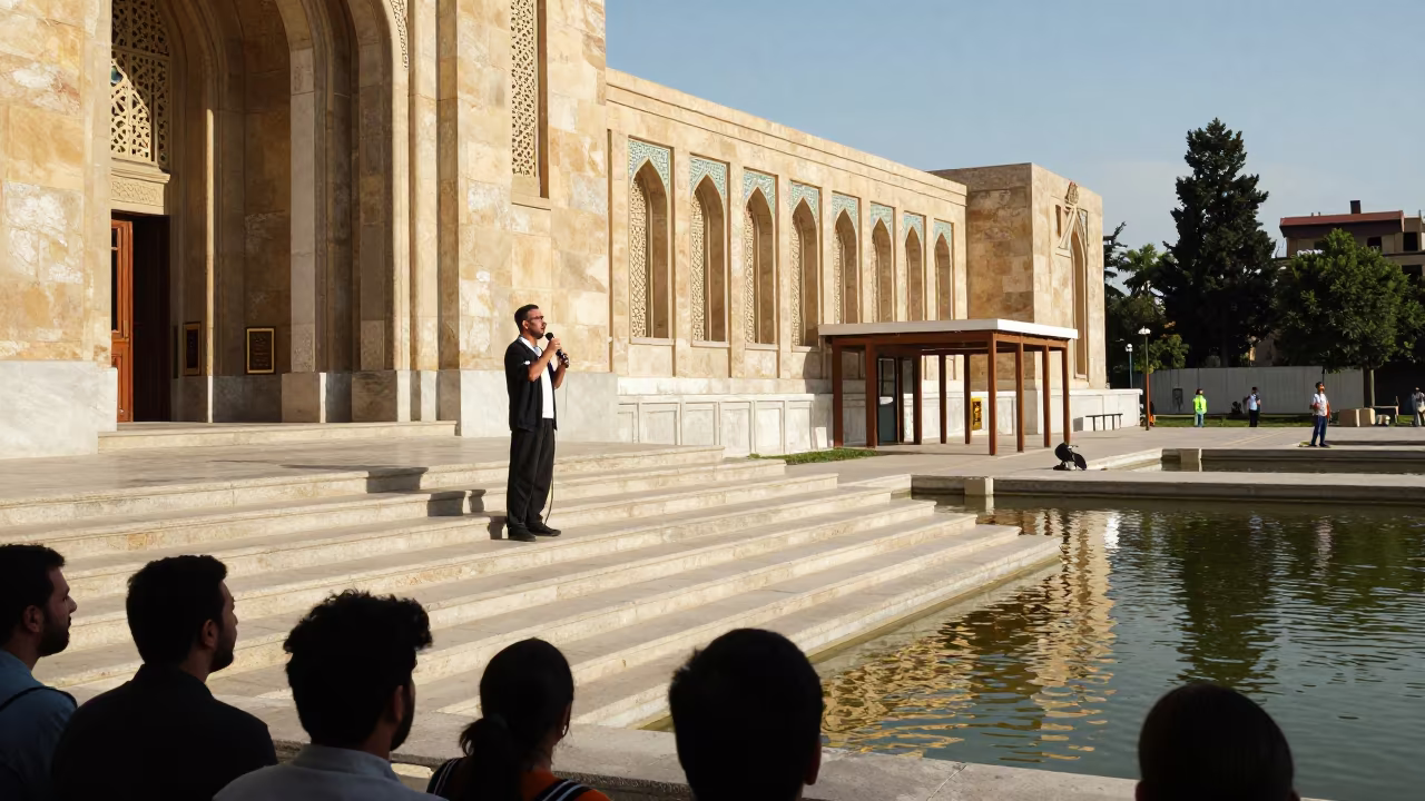 Protest Speaker on Courthouse Steps Tehran in outside a polling station entrance near Enghelab, Tehran