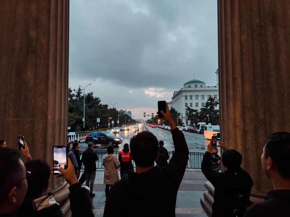 Protest Speaker Before Dawn at Harbin Courthouse in along barricaded protest routes in Harbin