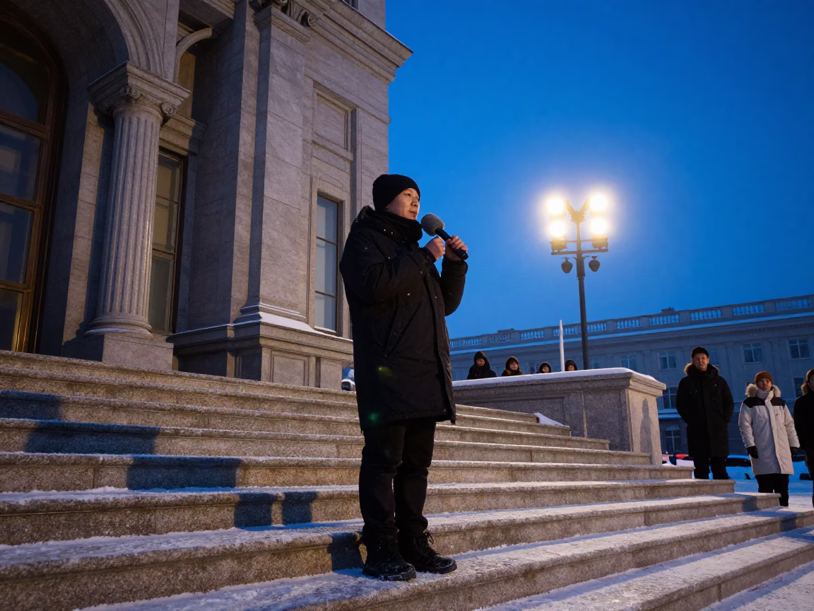 Protest Speaker Harbin Courthouse Winter Evening in beneath government building floodlights in Harbin