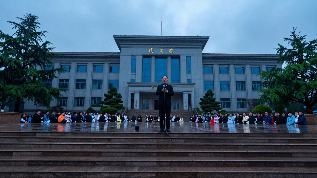Protest Speaker on Kunming Courthouse Steps in in a public square in Kunming