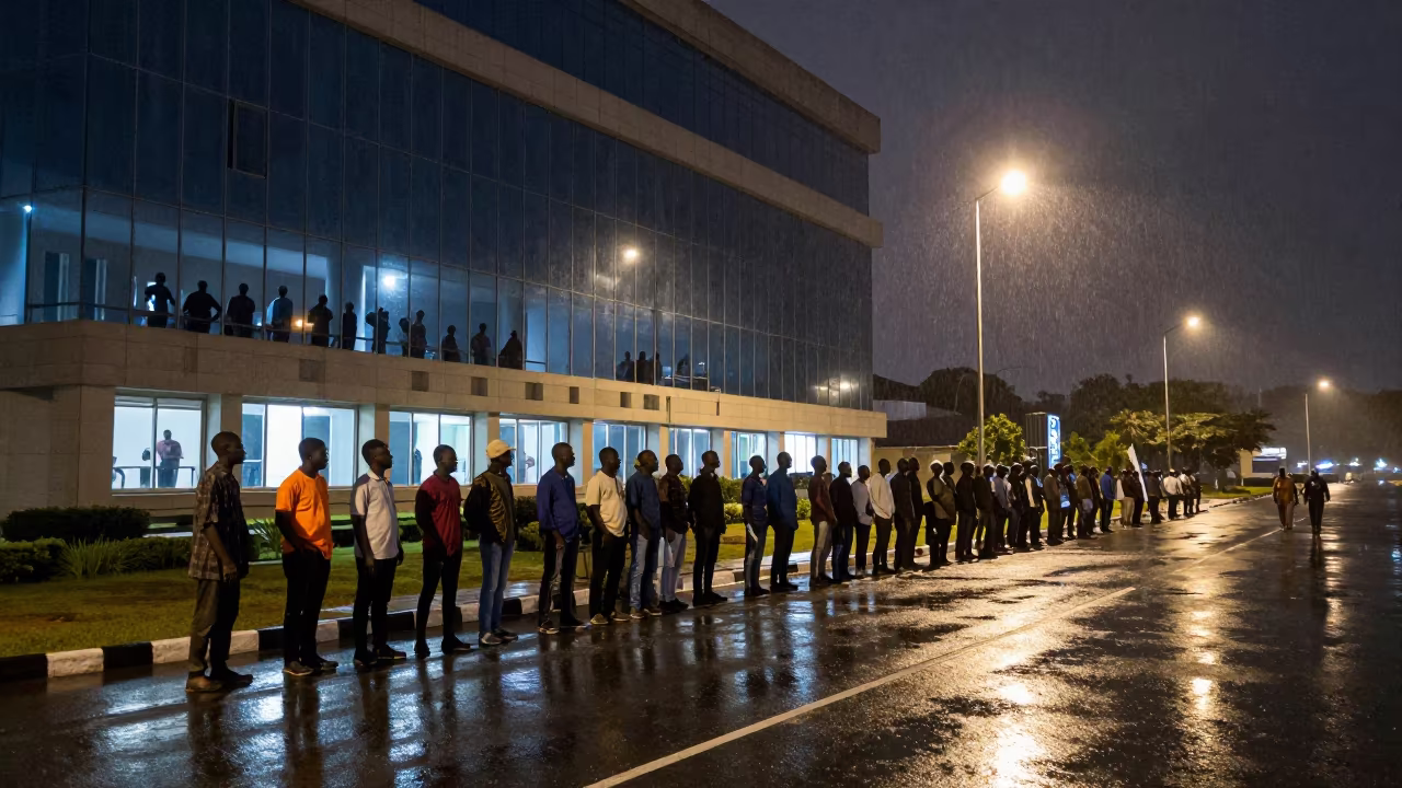 Protesters Reflected in Office Towers After Rain in beneath government building floodlights in Ilorin