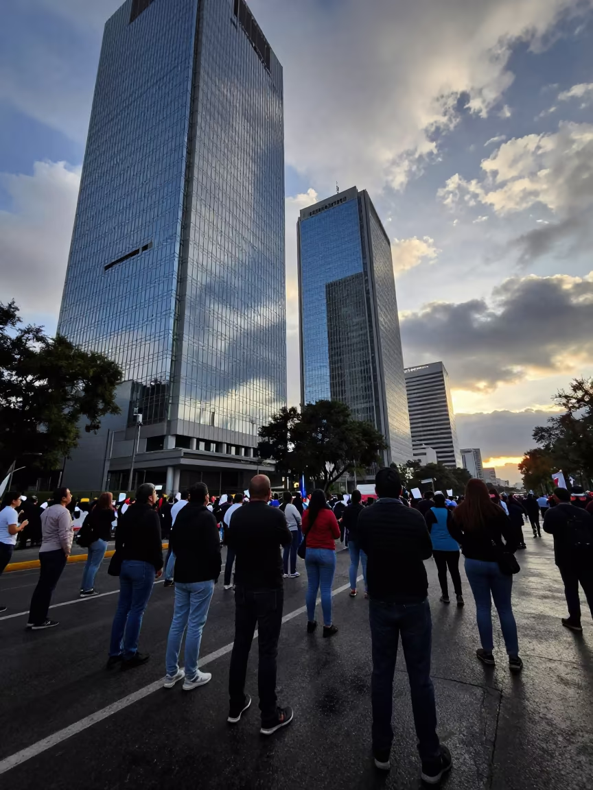 Protesters Reflected in Office Towers After Rain in along barricaded protest routes near Guanajuato