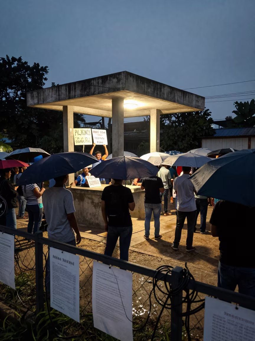 Protesters with Umbrellas at Yangon Polling Station Dusk in outside a polling station entrance near Yangon