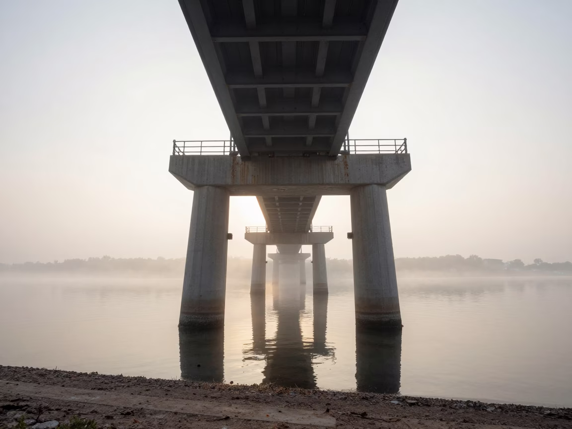 Provence Dawn Bridge Pier in Foggy Haze in along a bridge maintenance walkway in Provence