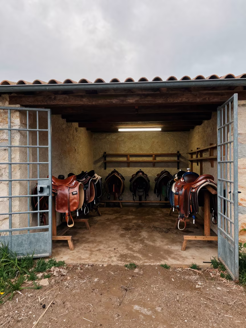 Provence Saddle Room Under Gates After Rain in along a muddy paddock fence in Provence