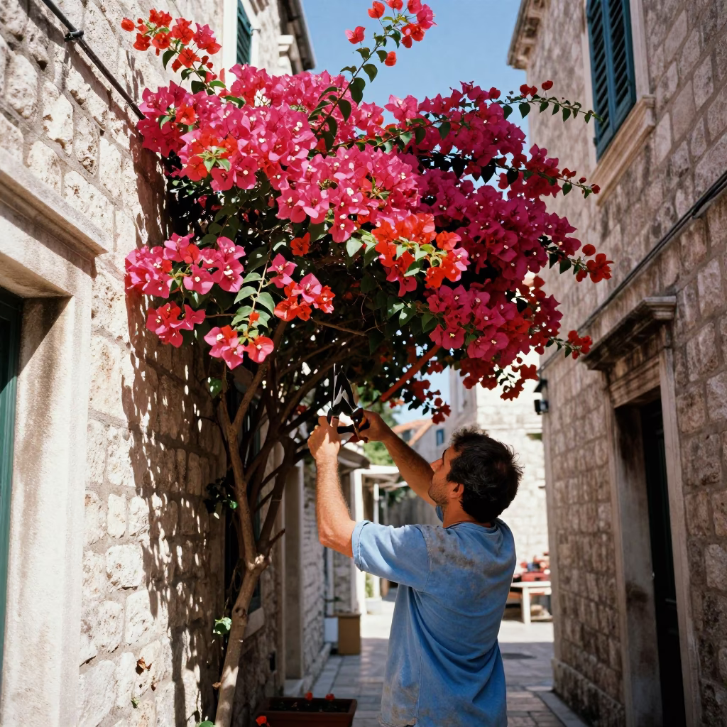 Pruning Bougainvillea in Dubrovnik in in Dubrovnik, Croatia
