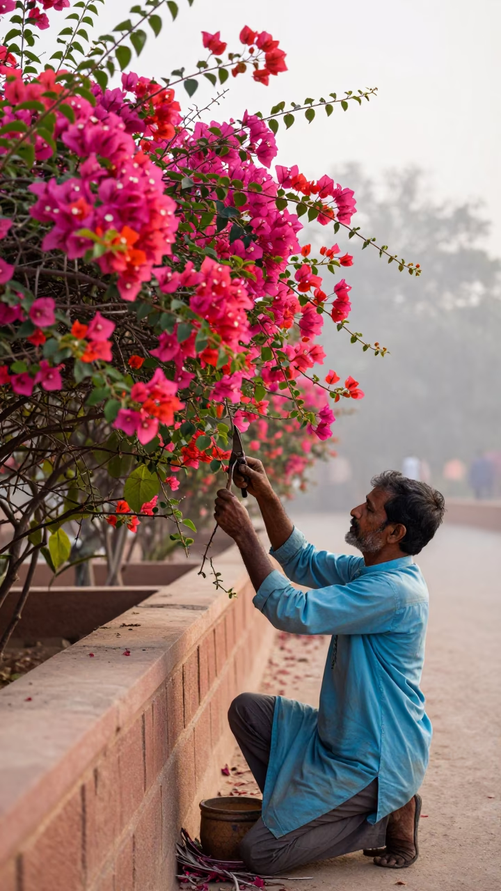 Pruning Bougainvillea in Jaipur in in Jaipur, India