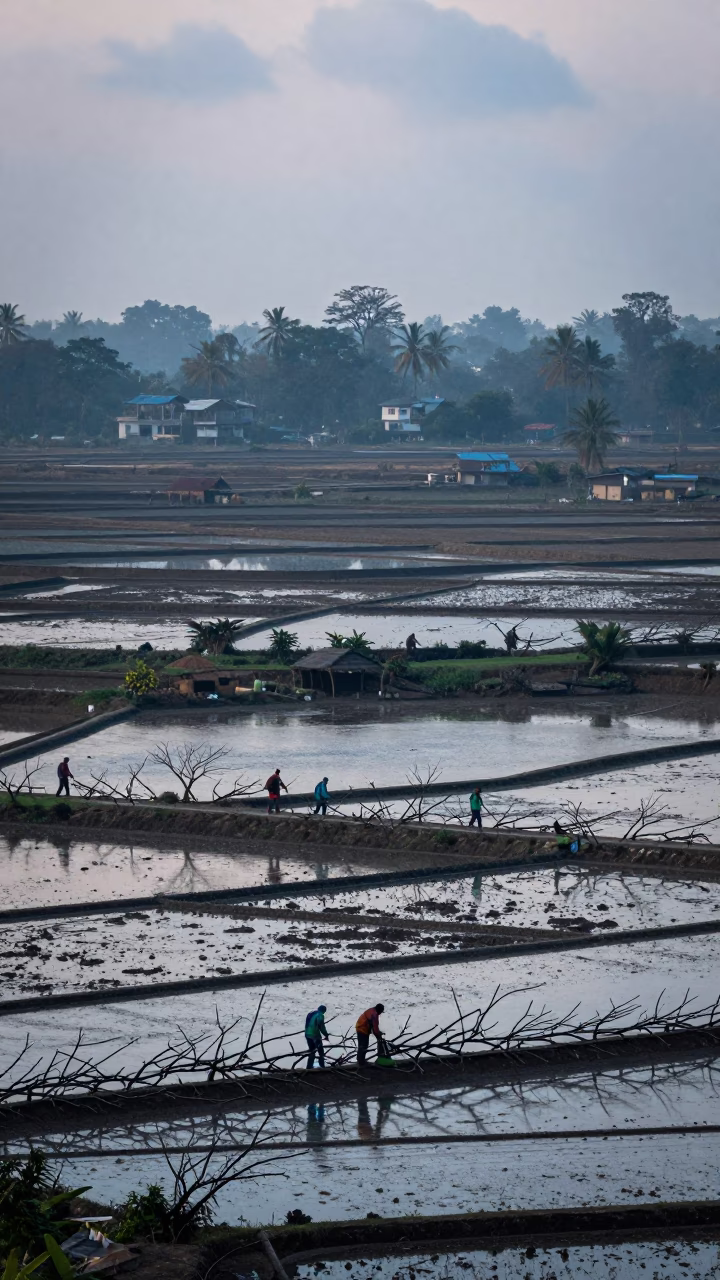 Pruning Crew in Winter Rice Paddies Gujarat in among terraced rice paddies in Gujarat