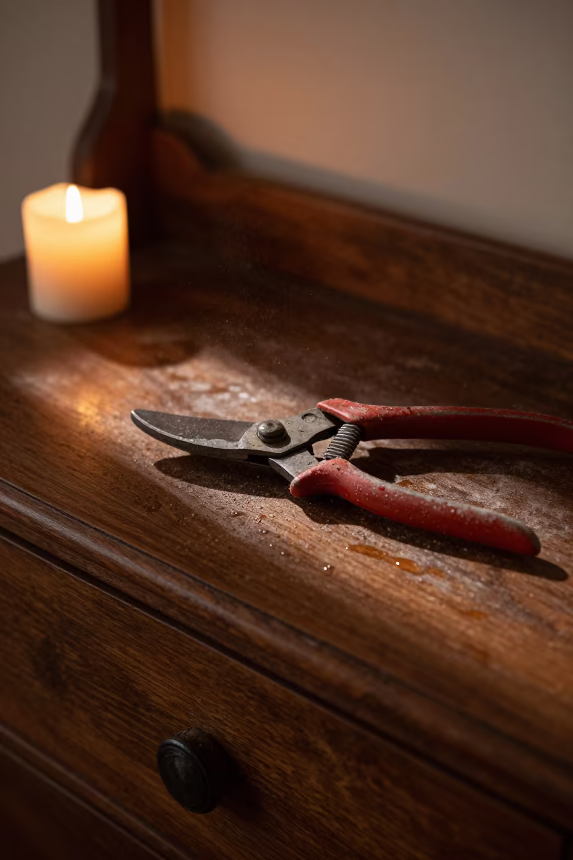Pruning Shears on Winter Hotel Dresser in on a hotel dresser in Guilin