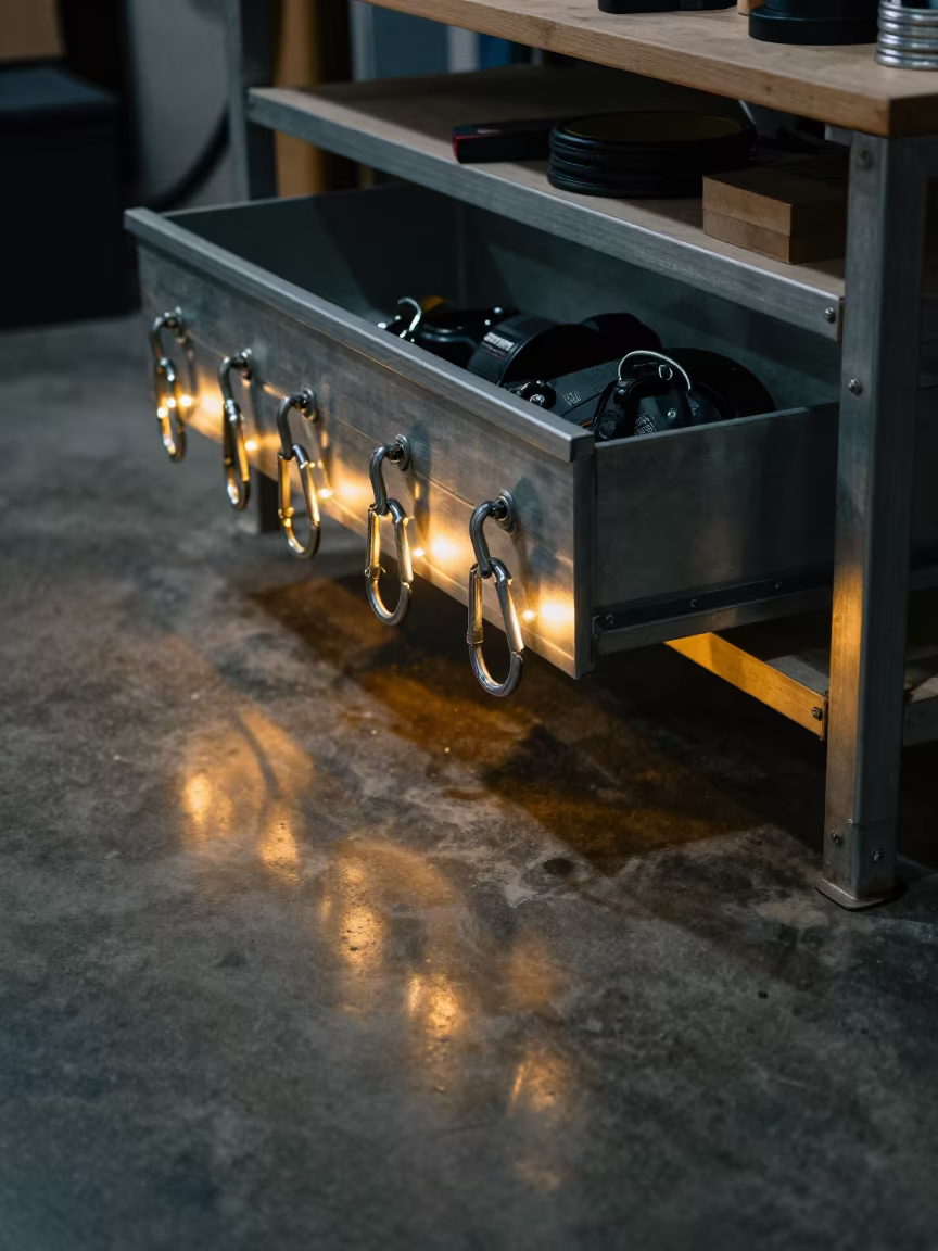 PT Band Carabiners in Hangzhou Spin Studio Drawer in inside a spin studio under class lights in Hangzhou