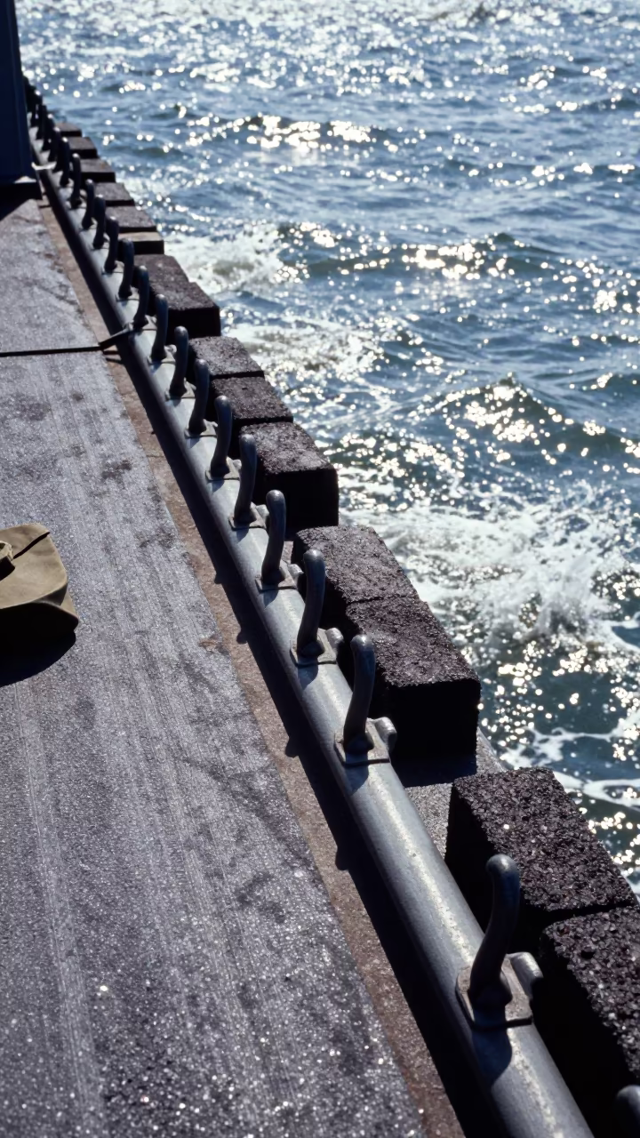 PT Belt Hook Rail on Naval Deck Midday in on a naval deck in rough wind in Uttar Pradesh