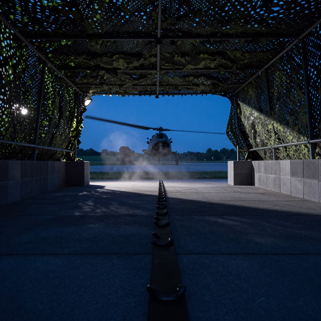 PT Belt Rail Under Camo Net Indigo Twilight in beneath a camouflage net shelter near Forlì