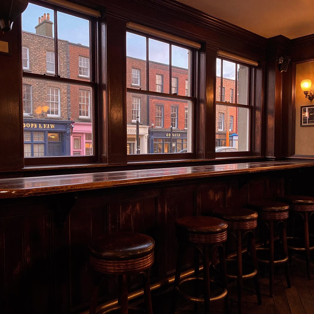 Pub Interior in Dublin at Copper-toned Light Before Dusk in in Dublin, Ireland