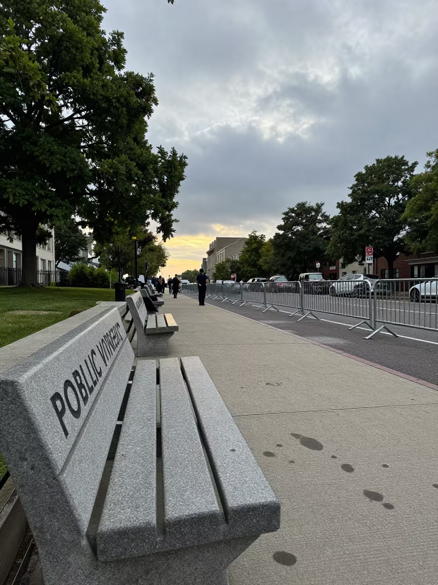 Public Defender Bench Under Winter Dawn Near Windsor in along barricaded protest routes near Windsor