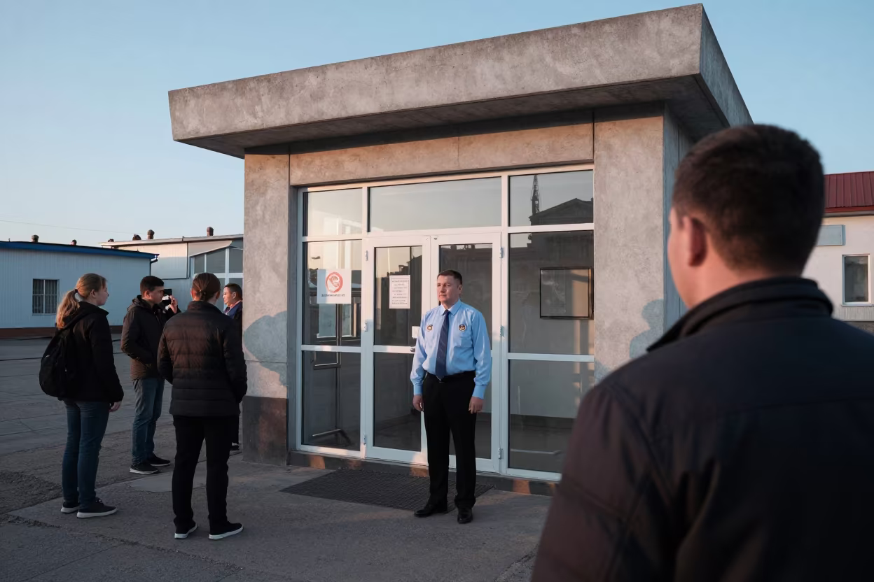 Public Defender at Chelyabinsk Polling Station Dawn in outside a polling station entrance in Chelyabinsk
