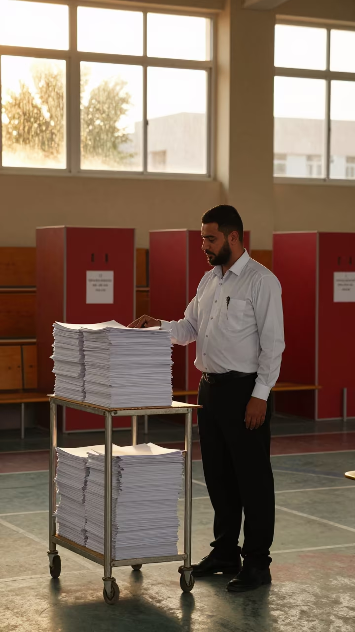 Public Defender in Courthouse Copy Room Evening Light in inside a polling station gymnasium near Basra