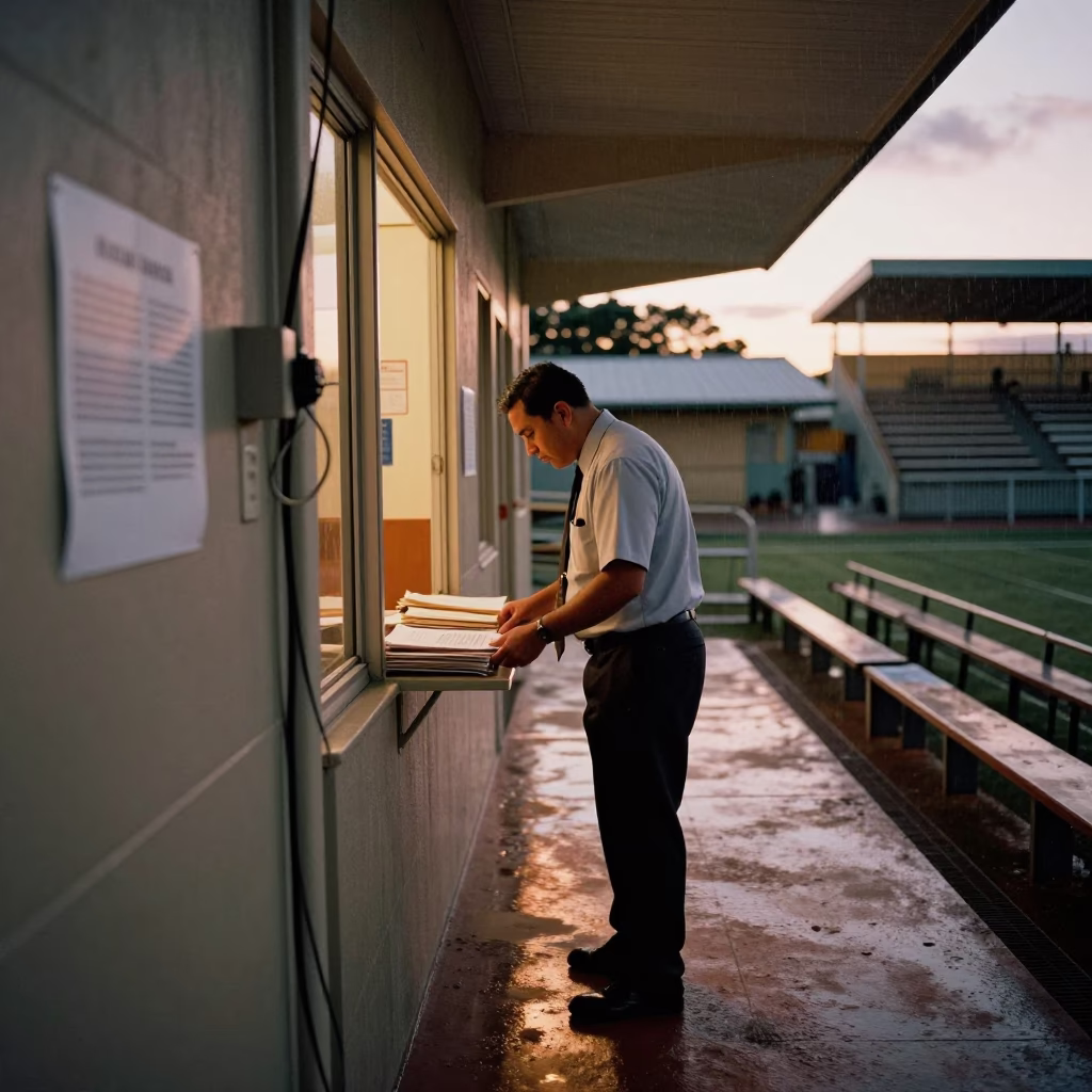 Public Defender Reviewing Files in Apia Gymnasium in inside a polling station gymnasium in Apia