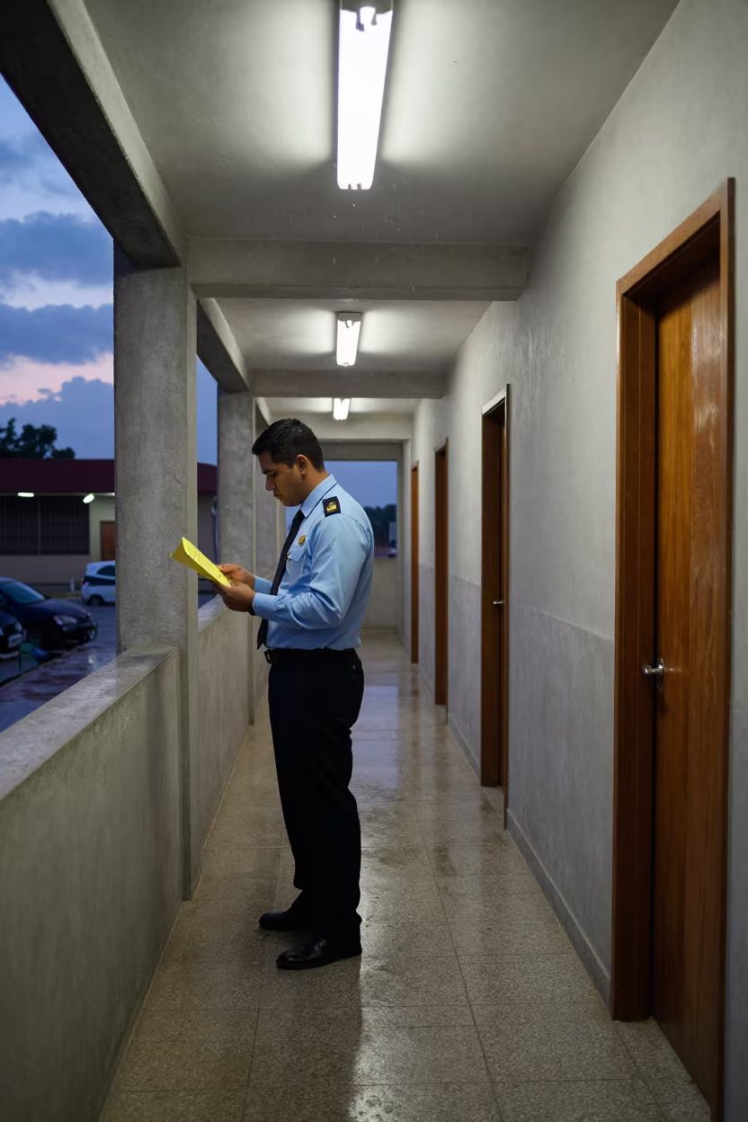 Public Defender Reviewing Files in Guadalajara Hallway in in a fluorescent town hall meeting room in Guadalajara