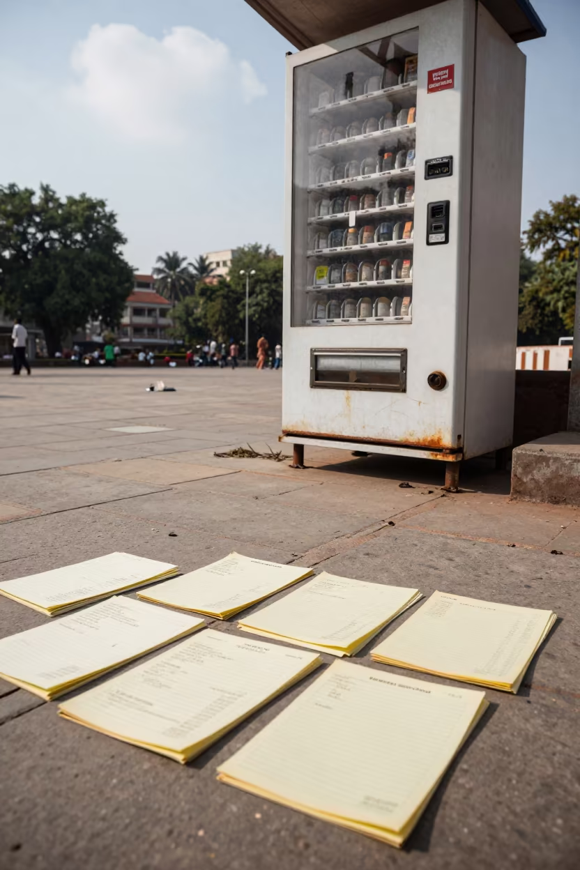 Public Defender Notes Beside Vending Machine in in a public square in Kanpur