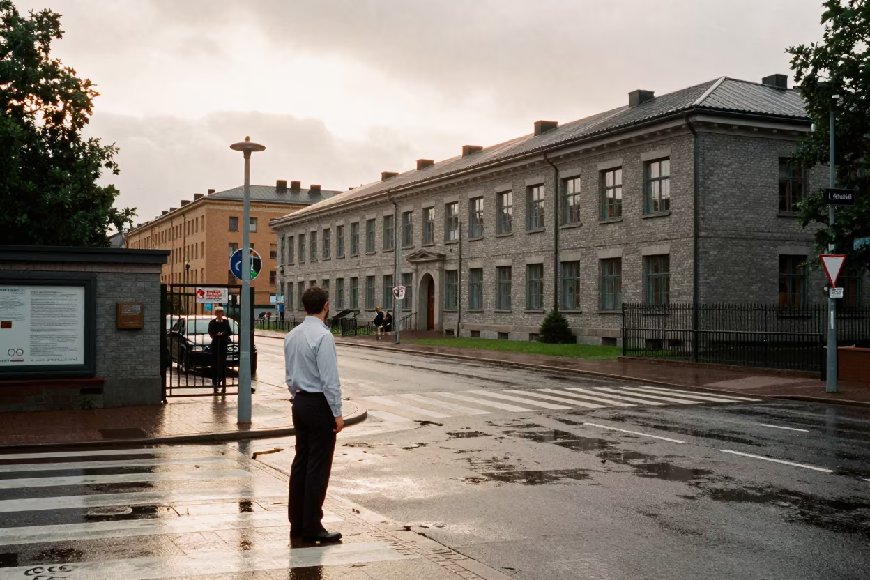 Public Defender at Oslo Courthouse Copy Room Crosswalk in at a crosswalk by a school gate in Oslo