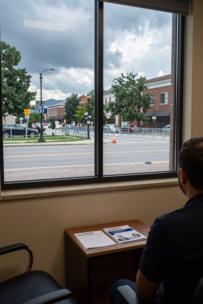 Public Defender Pamphlets on Table in Berat Courthouse in along barricaded protest routes near Berat