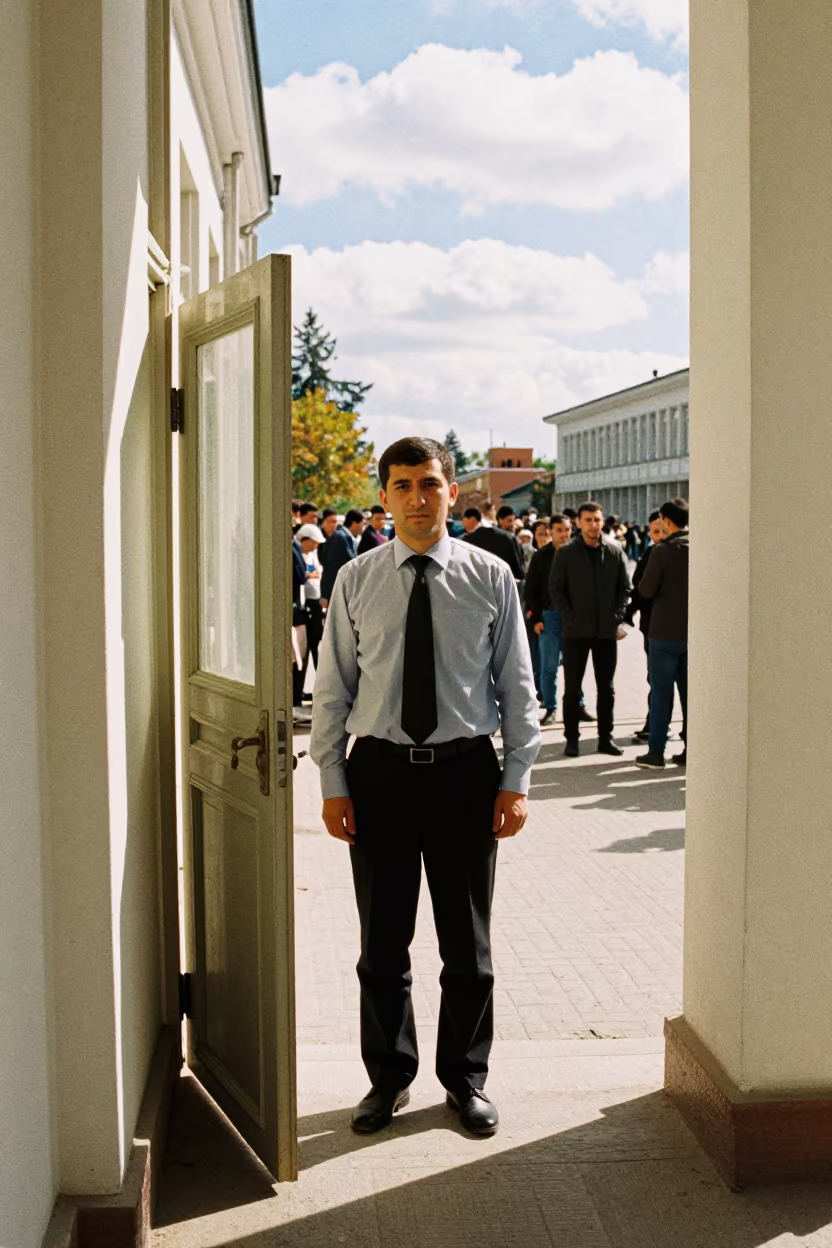 Public Defender Outside Tashkent Courthouse Copy Room in in a courthouse corridor in Tashkent