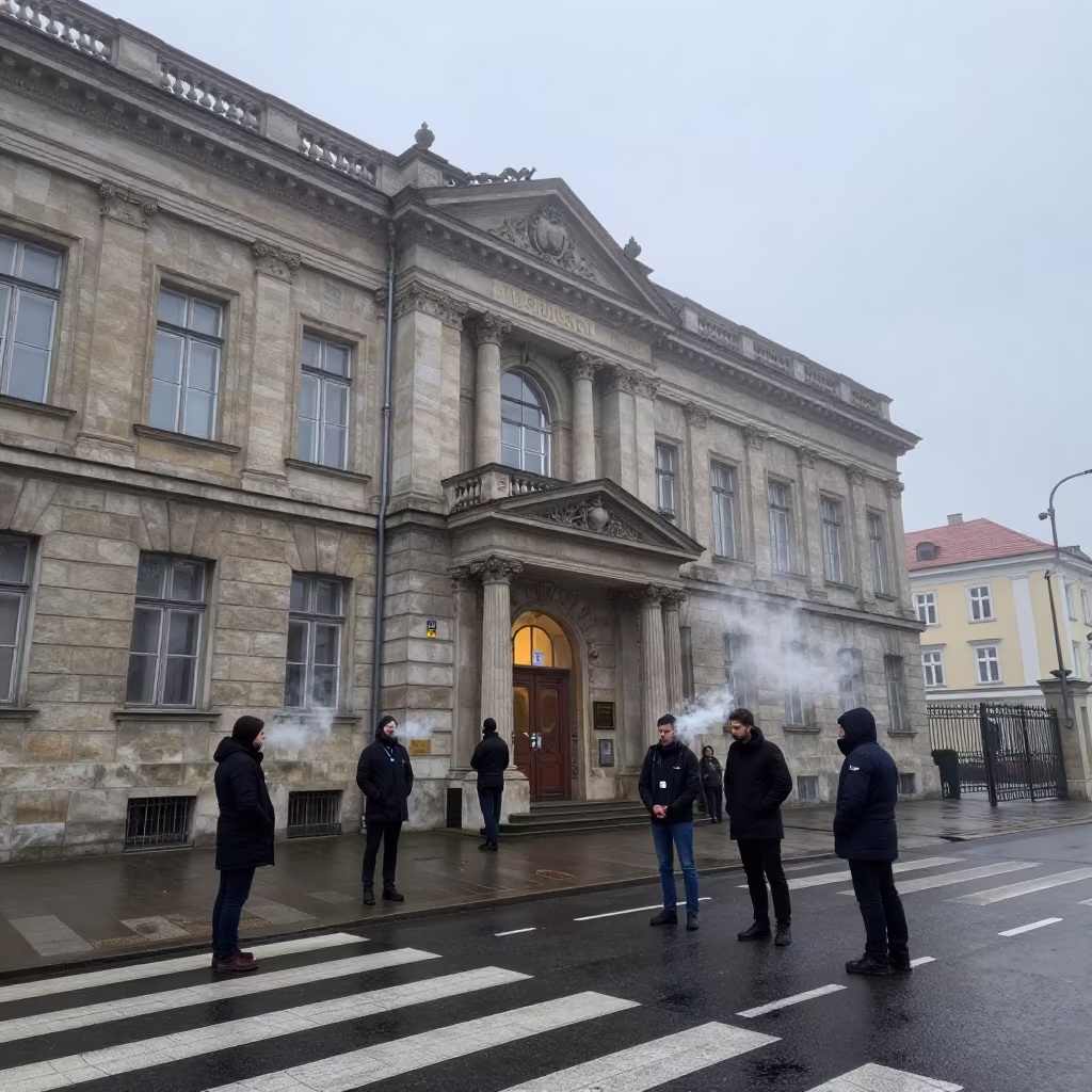 Public Defenders Smoking at Bratislava Courthouse in at a crosswalk by a school gate in Bratislava