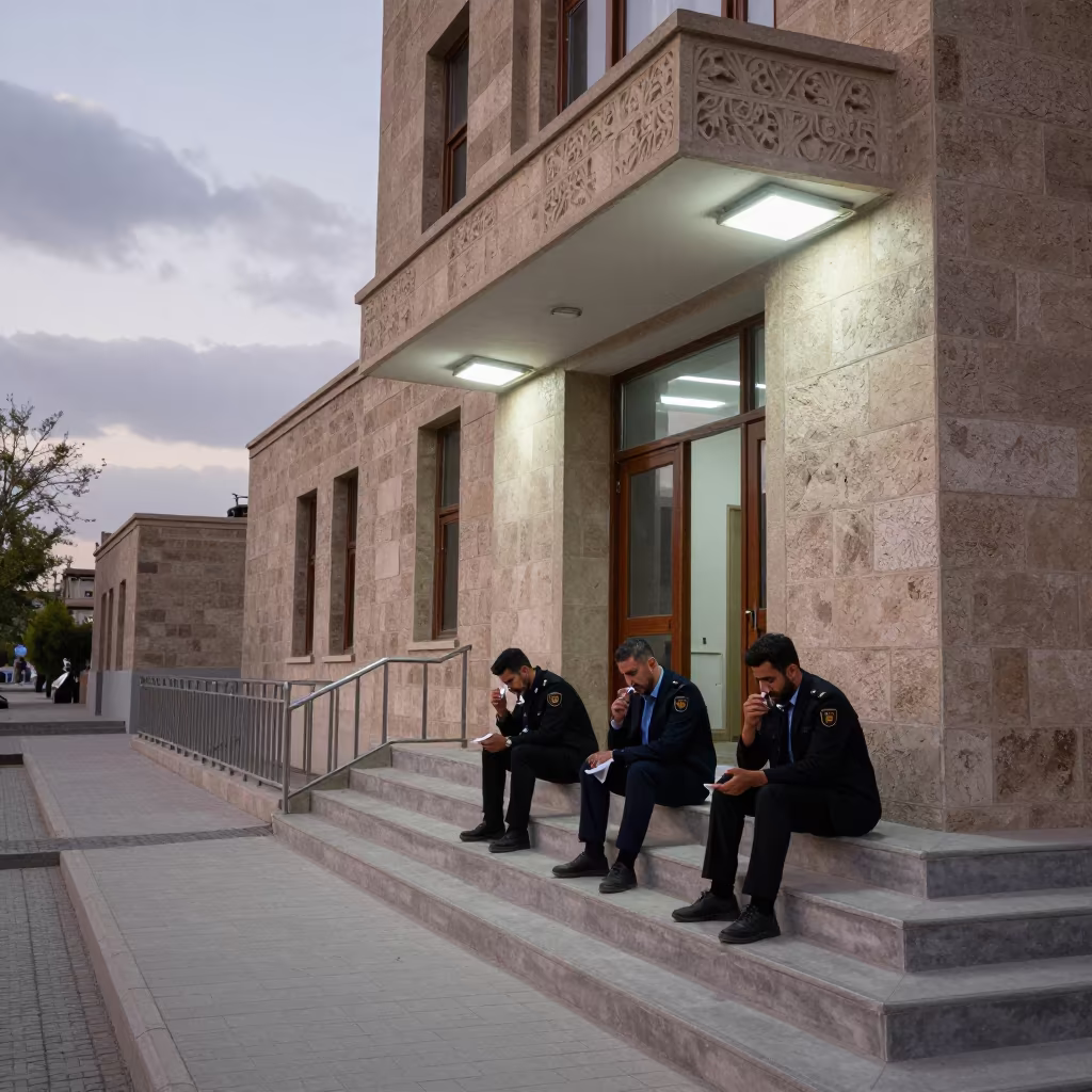Public Defenders Smoking Courthouse Entrance Herat in beneath government building floodlights in Herat
