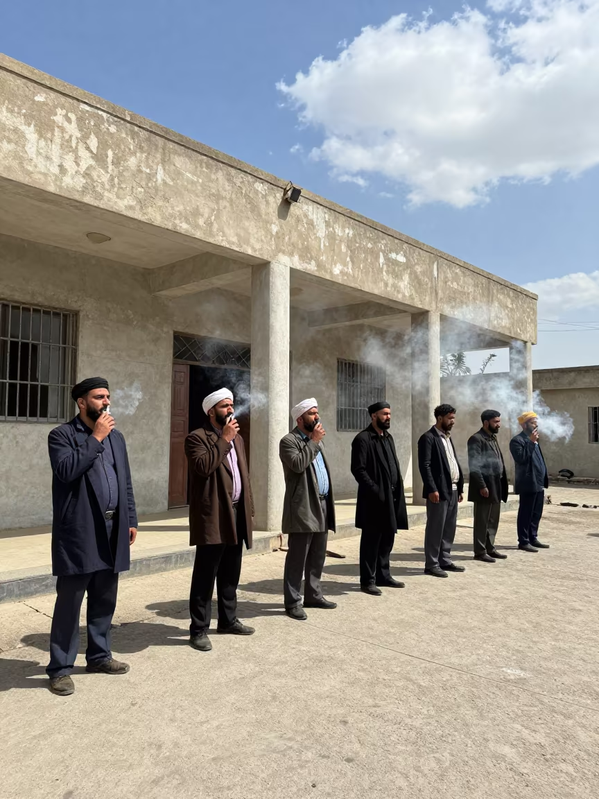 Public Defenders Smoking Outside Kandahar Courthouse in inside a polling station gymnasium in Kandahar