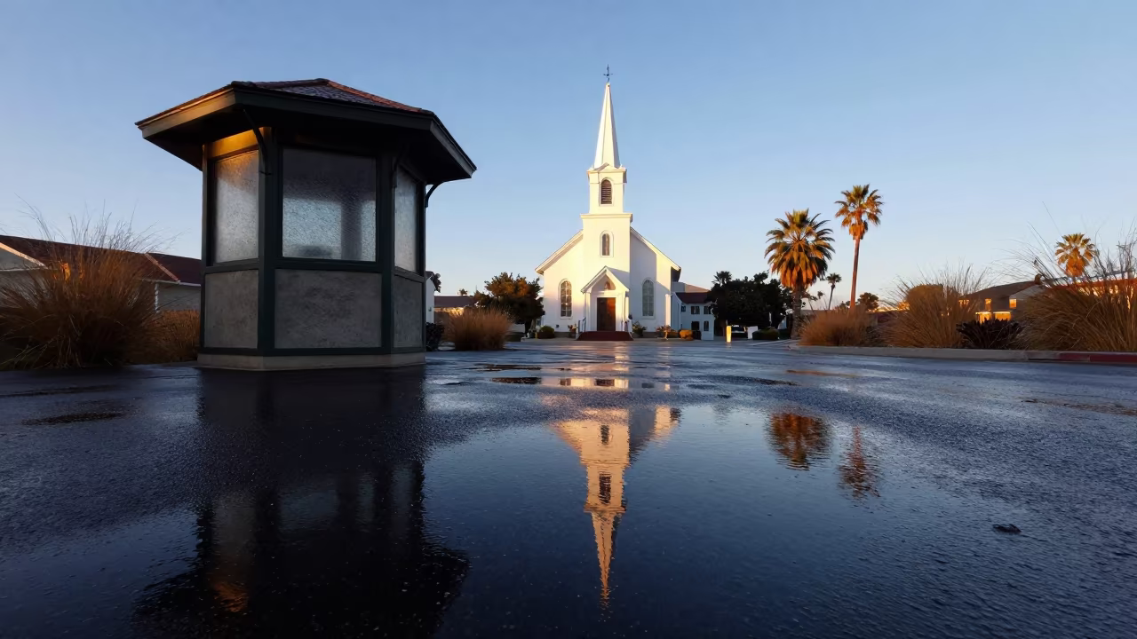 Rain Puddle Reflects Church Steeple at Palm Springs Kiosk in by a rain-darkened kiosk in Palm Springs