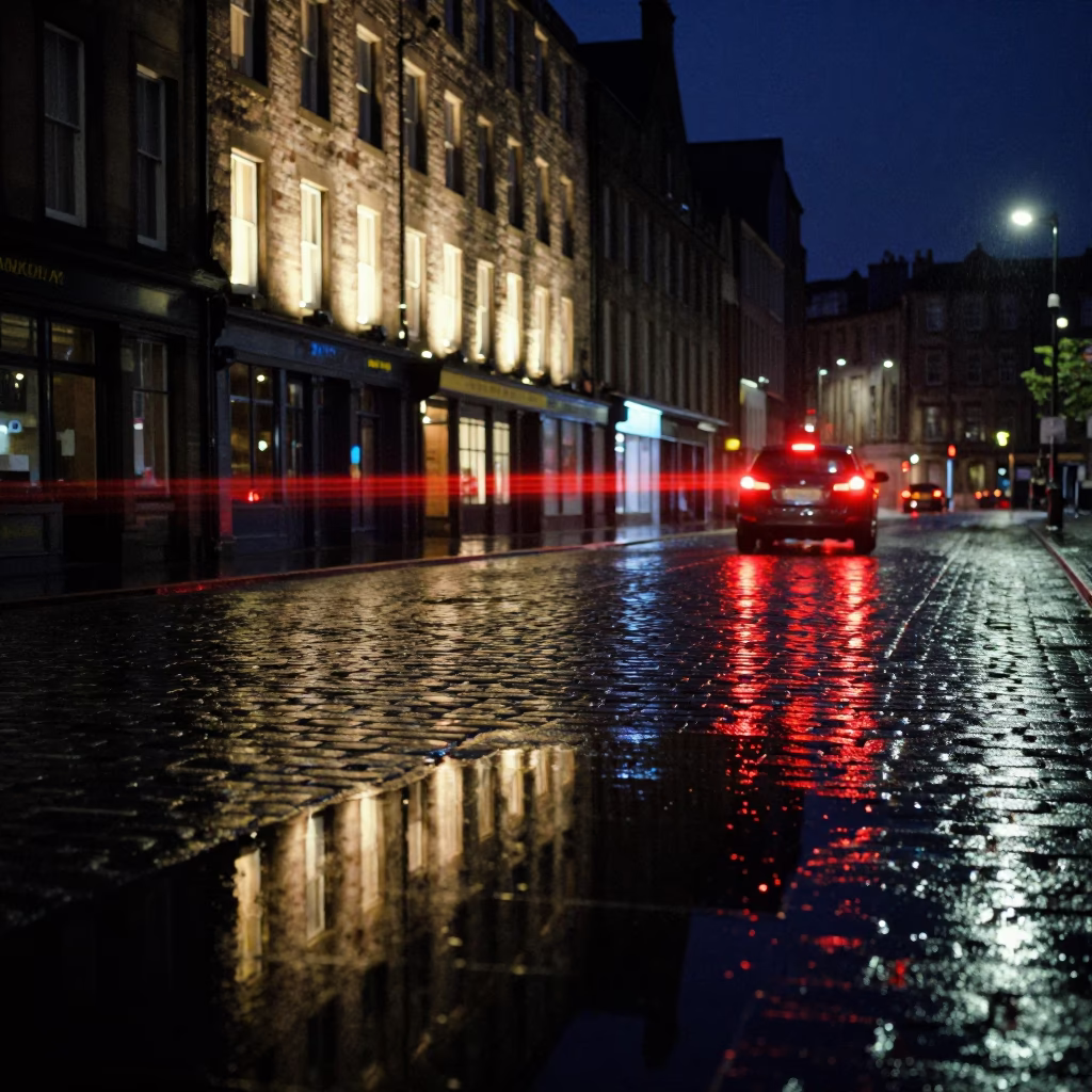 Puddle Reflection of Hotel Windows and Tail Lights in Edinburgh at Night in in Edinburgh, United Kingdom