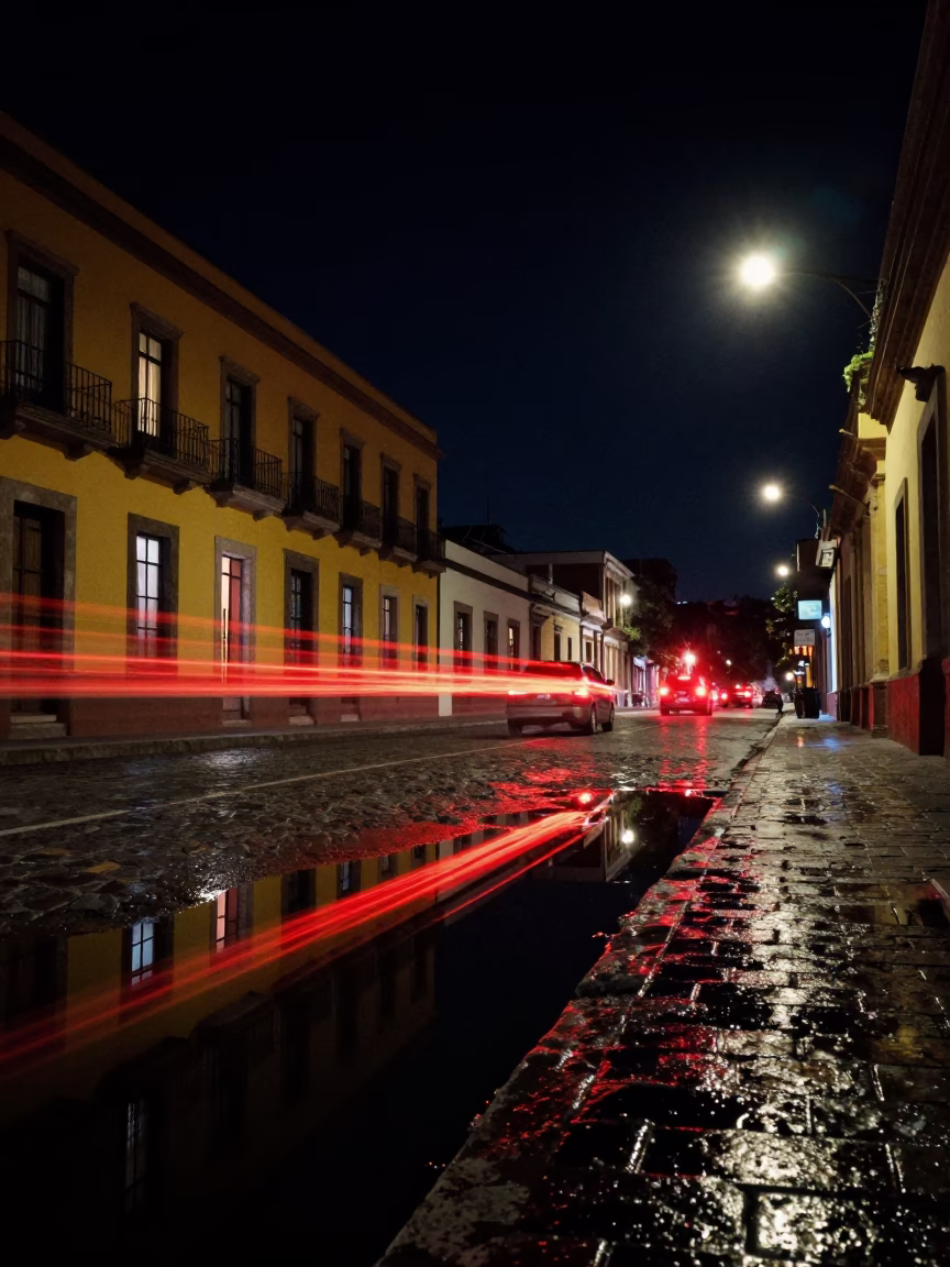 Puddle Reflection of Hotel Windows and Tail Lights in Merida Mexico at Night in in Merida, Mexico