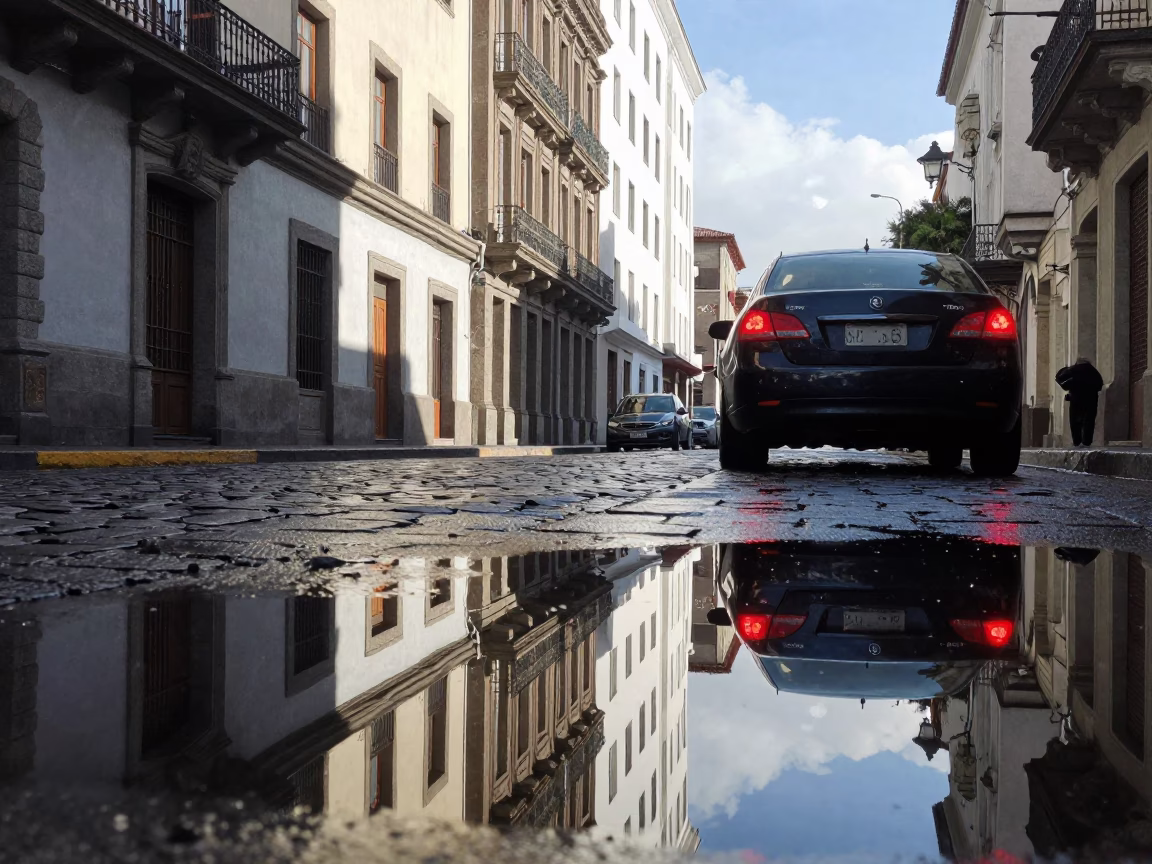 Puddle Reflection of Hotel Windows and Tail Lights in Quito Ecuador Noon in in Quito, Ecuador
