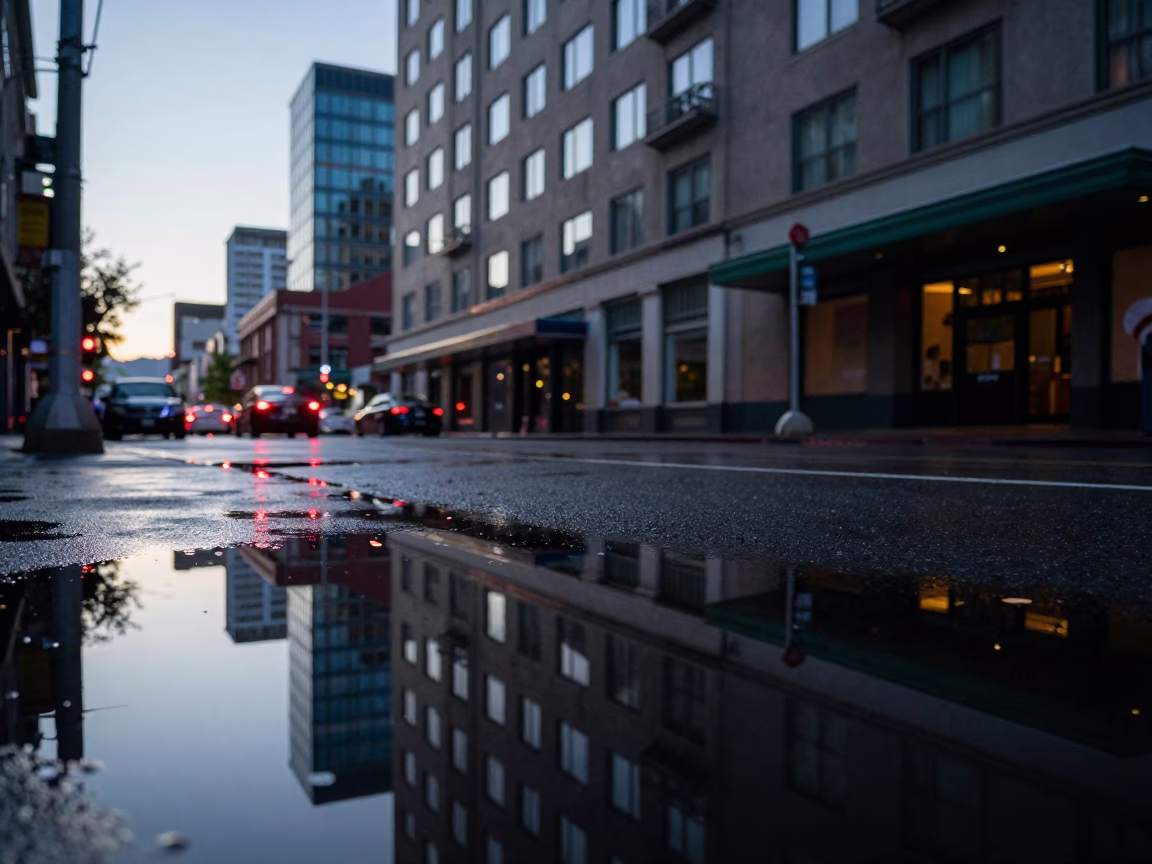 Puddle Reflection of Seattle Hotel Windows and Tail Lights Before Sunrise in in Seattle, Washington, United States