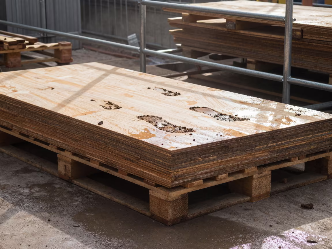 Puddled Plywood and Boot Marks on Construction Pallet in along a scaffolded facade near Conakry
