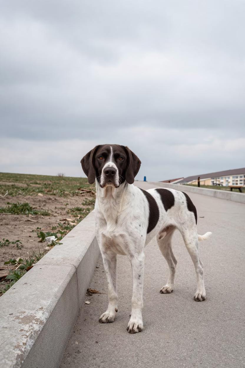Pudelpointer on Ankara Park Path in Shade in along a quiet park path with soft open shade and a clean background in Ankara