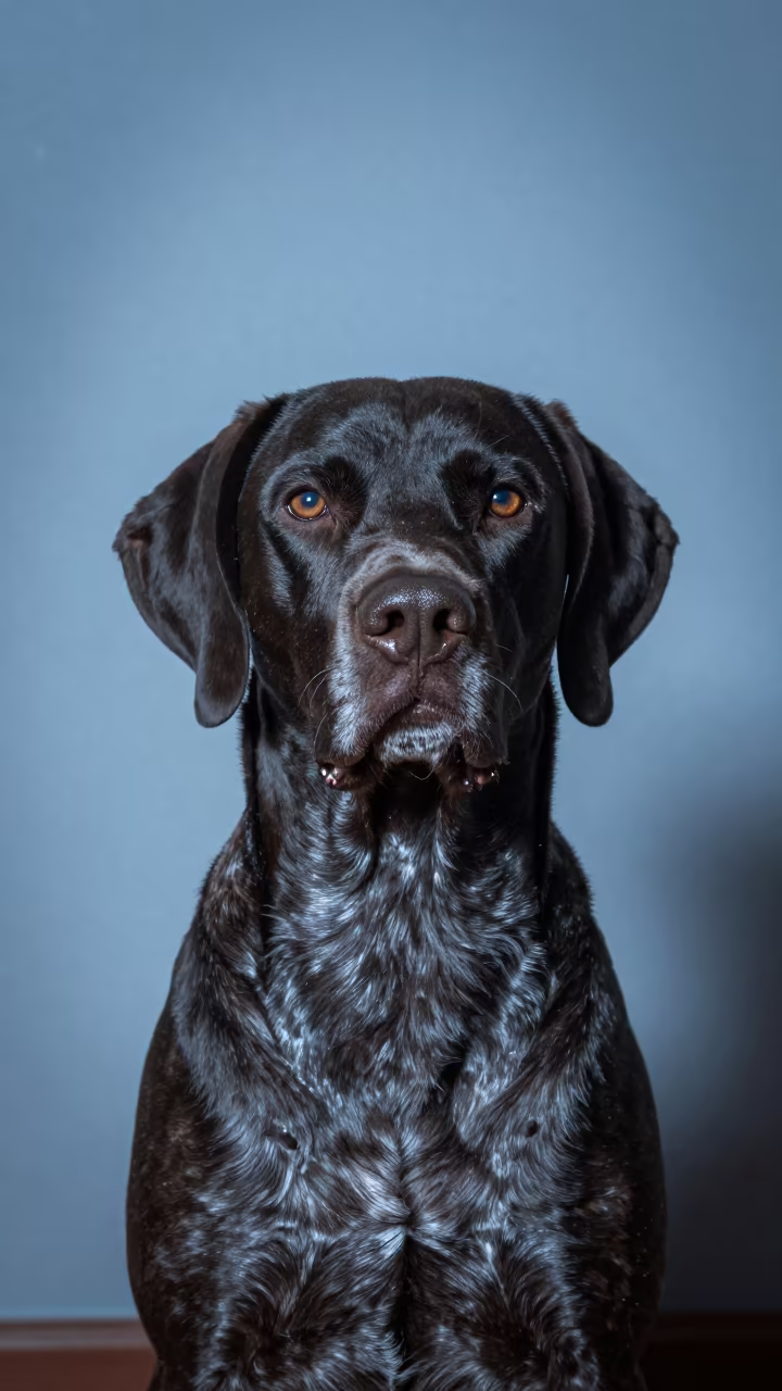 Pudelpointer Portrait Beside Plaster Wall in beside a plain plaster wall in soft indoor light with the animal centered in frame in Cochabamba
