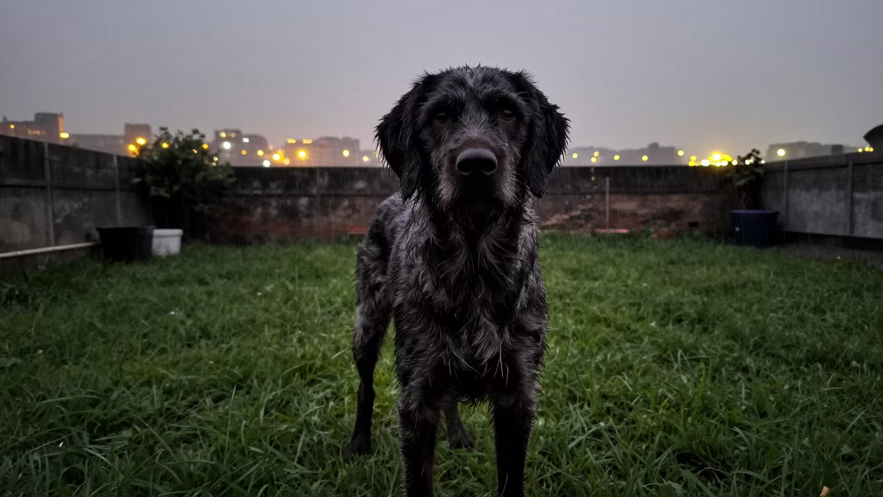 Pudelpointer Portrait in Lahore Drizzle in in a small yard with clipped grass, calm light, and the animal centered in frame near Lahore