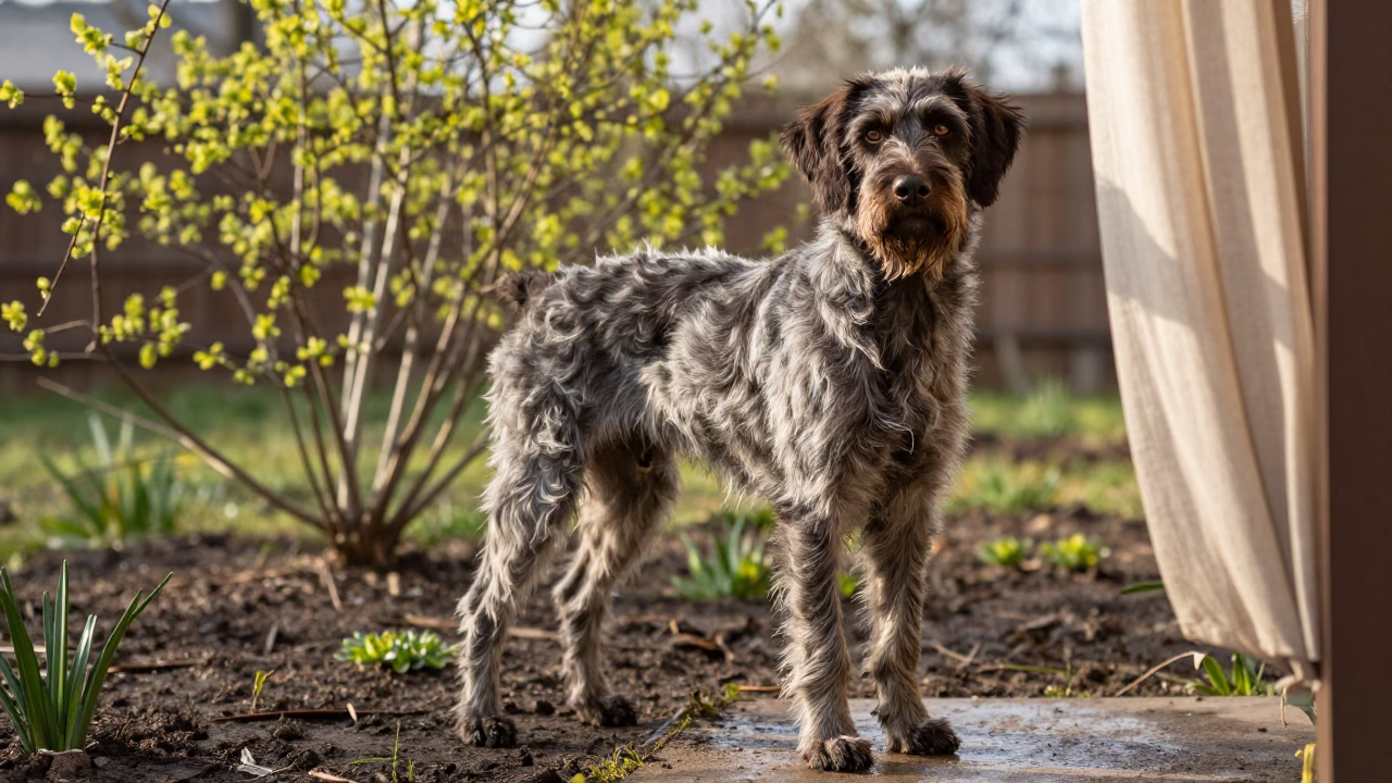 Pudelpointer Portrait Morning Light Garden Łódź in near a garden edge with soft morning light and an uncluttered background in Łódź