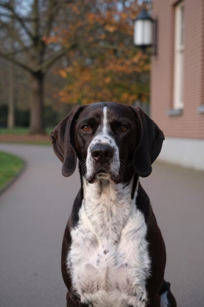 Pudelpointer Portrait on Quiet Arnhem Path in along a quiet park path with soft open shade and a clean background in Arnhem