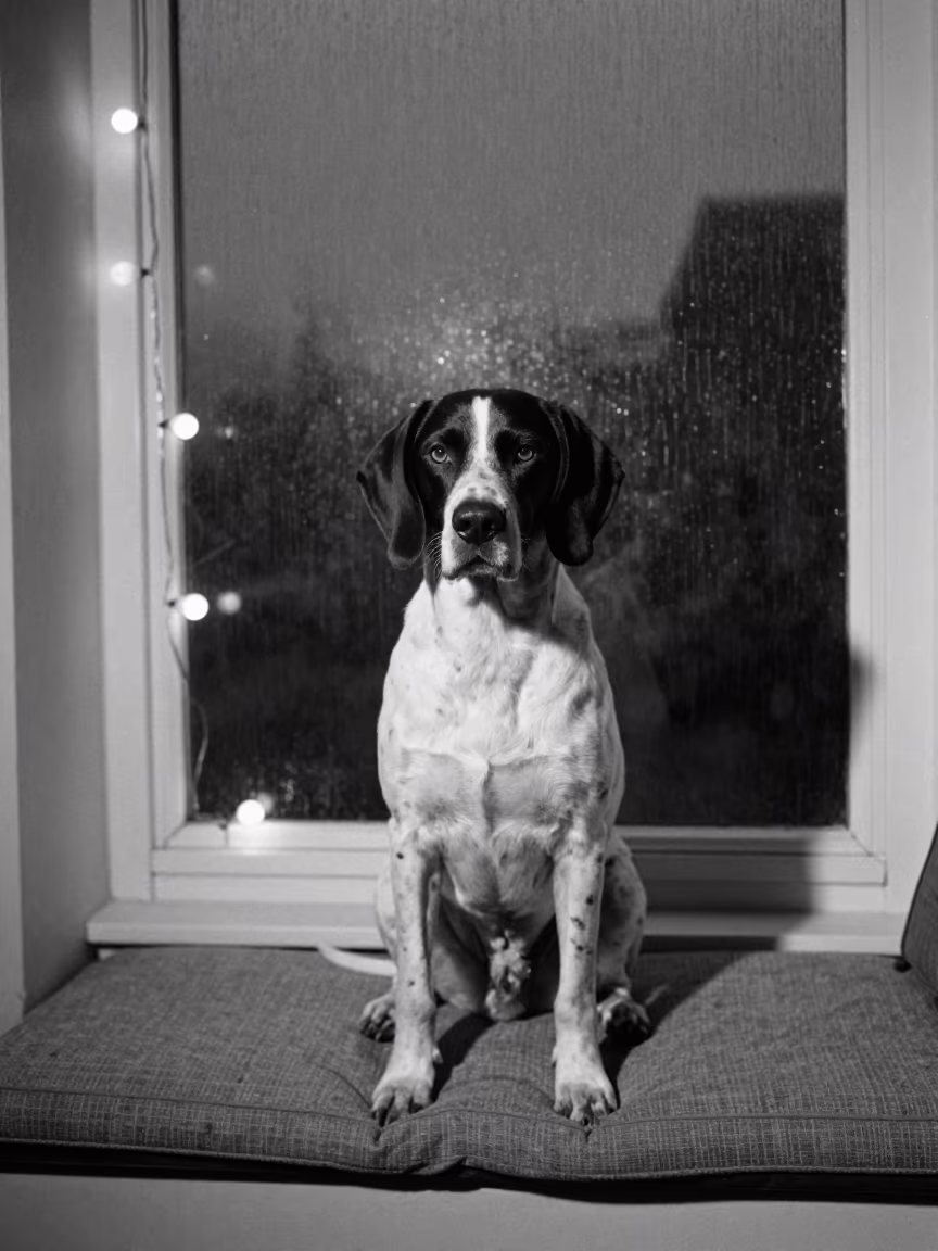 Pudelpointer Portrait on Window Seat in Kasulu in on a cushioned window seat with soft side light and an uncluttered background in Kasulu